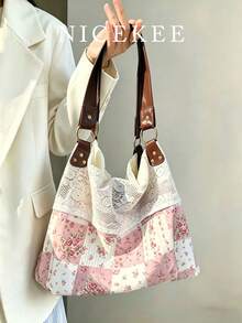 Nicekee Sweet Retro Artistic Style Atmosphere, Personalized Floral Tote Bag, Lace Patchwork Design, Fashionable And Versatile Texture Shoulder Bag - Multicolor - View 1