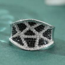 Bohemian Handmade Ring, Inlaid With Synthetic Black Zirconia Silver-Tone Ring Decor, Couple's Matching Rings, Suitable For Engagement, Promise, Wedding Wear, Unisex - Silver - View 10