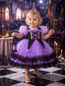 Baby Girls Multicolor Puff Sleeve Ruffle Mesh Tutu Dress, Princess Party Dress For Kids, Suitable For Halloween, Birthday Party, Christmas, Party, Important Occasions, Holiday Celebration Outfit - Multicolor - View 7