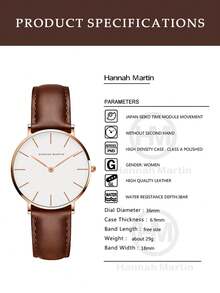 HANNAH MARTIN 1 PC Women's Minimalist Waterproof Quartz Watch, White Dial Leather Strap Fashion Ladies Wrist Watch, Ideal For Daily Commute & Dating - White - View 5