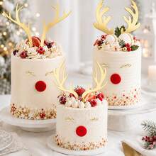1 Set/3 Sets Gold Mirror Acrylic Reindeer Antlers Cake Topper, Christmas Rudolph Eyes Cake Decoration, Christmas Party Cake Decor - Multicolor - View 3