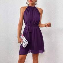 Sleeveless Solid-Color Halter Dress, Fashionable For Summer - 紫色 - 查看 10