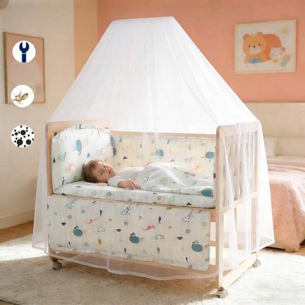 4 en 1 Cuna Regulable para Bebé, Colecho para Bebe, Ruedas Giratorias 360°, Mosquitero, Soporte para Mosquitero, Juego de 5 Piezas de Ropa de Cama (Azul)