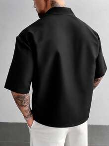 GloMan Old Money Style Men's Black Button Short Sleeve Loose Blazer, Summer Autumn Shirt, Business Casual, Vacation, Beach, Office Commute, Streetwear, Suitable For Father/Husband - Black - View 3