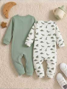 2pcs/Set Baby Boy Autumn Rompers, Green + Beige Dinosaur Print Long Sleeve Long Pants Bodysuit, Newborn Simple Fun Cute Baby Clothes, Suitable For Outdoor, Casual, Gathering, Party, Holiday Gift - Multicolor - View 3