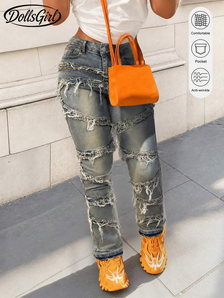 Jeans Denim Distressed Streetwear Y2K 90-an dengan Kantong Diagonal, Karet Elastis, Tepi Berjumbai, Desain Rumbai Unik, Cocok untuk Liburan, Festival, Musim Gugur - Kasual Musim Semi Wanita - Biru Retro - View 1