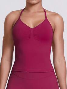 女款瑜伽運動內衣無袖短版健身上衣，彈性透氣健身房運動背心，運動休閒風 - 中紫紅色 - 查看 7