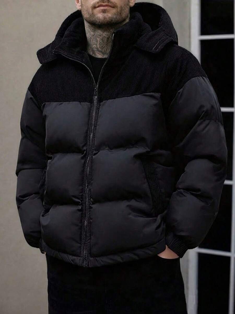 男士冬季连帽羽绒服一件装，标准版型灯芯绒拼接休闲保暖羽绒服