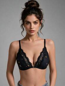 1pc Women's Sexy Lace Patchwork Printed Fabric Wireless Non-Padded Comfortable Front Closure Triangle Cup Bra - Black - View 6