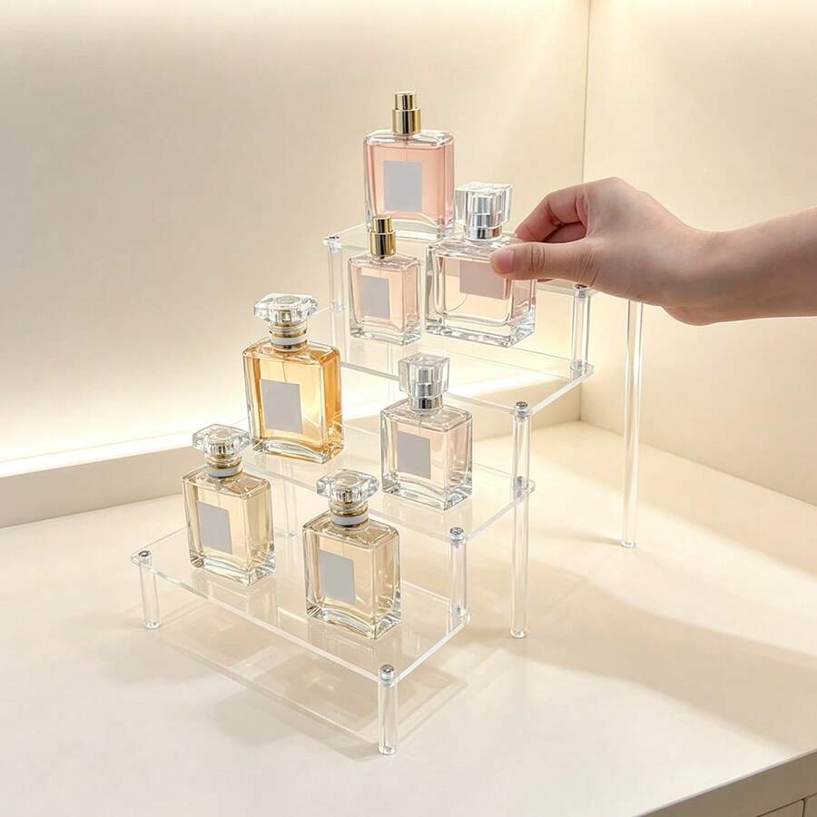 1pc Clear PS Makeup Organizer, Step Cosmetic & Perfume Display Stand, Space-Saving Vanity Storage Rack For Skincare, Lipsticks, And Nail Polish, High-Transparency Desktop Holder For Dresser And Bedroom, Sturdy Design, Modern Minimalist Style. - Clear - View 1