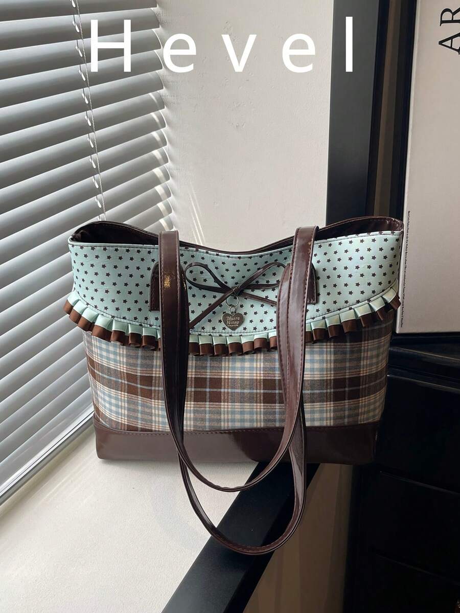 Hevel, New Fashion Tote Bag, Sweet Style, Decorated With Ruffle Edges And Bows, Striped And Polka Dot Print Patchwork Design, Zipper Closure, Large Capacity Lightweight Minimalist Shoulder Bag. Suitable For Women's Daily Life, Leisure, Commuting, Work, Vacation And Student Use - Green - View 1