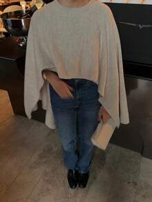 FOR BEAUTY Women's Y2K Comfortable Oatmeal Beige Round Neck Asymmetric Draped Knit Shawl Cape Sweater Top, Aesthetic Street Style Outfit Fall - Apricot - View 5