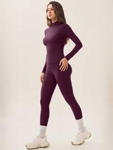 TimeOff Setelan Legging Ketat Lengan Panjang Kerah Tegak Slim Fit Warna Polos untuk Wanita Musim Gugur/Dingin - Burgundy - View 10