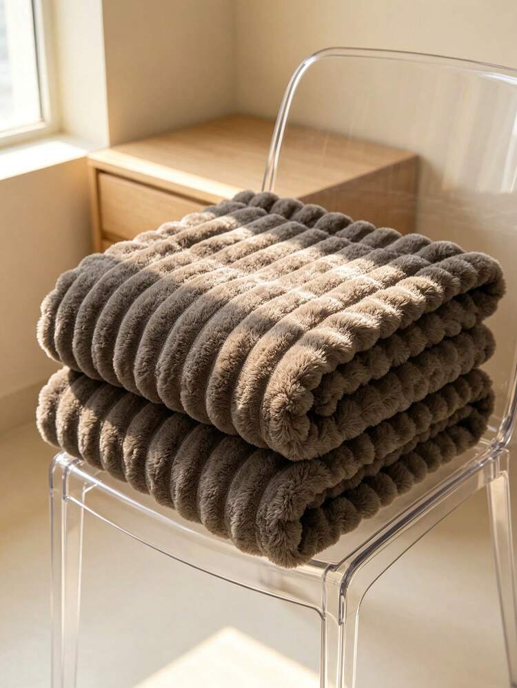 1pc Luxury Double-Sided Faux Rabbit Fur Blanket - Comfortable Striped Flannel, Soft & Warm, Suitable For Napping, Office, Camping, Sofa - Multi-Functional Polyester Bedspread, Christmas Gift - Grey-brown - View 5