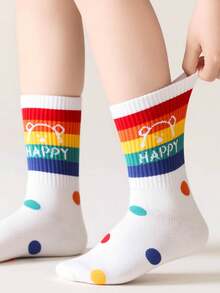 7/14 Pairs Kids Colorful Stripe Polka Dot Letter Print Ribbed Combed Soft Breathable Sweat Wicking Mid Calf Crew Socks Daily Outdoor All Season - Multicolor - View 7