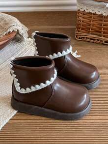 Sepatu bot pendek anak perempuan berhiaskan renda, desain ujung bulat sederhana, sol tebal, anti selip, gaya hutan, serbaguna, sepatu bot Chelsea dengan resleting belakang. - Coklat - View 3