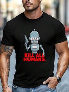 Men's Black T-Shirt Robot Holding Gun "KILL ALL HUMANS" Graphic Funny Casual Crew Neck Short Sleeve Streetwear - Black - View 2