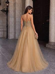 VIPGIRL Đầm dạ hội dài đính cườm cổ lệch cho nữ, đầm dự tiệc trang trọng, thanh lịch, thích hợp cho lễ tốt nghiệp, tiệc tối, mùa xuân. - Rượu sâm banh - Xem 3