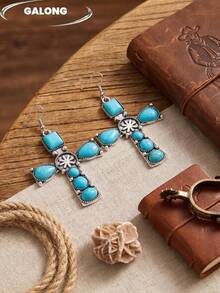 1 Pair Turquoise Cross Earrings Suitable For Daily Wear - Baby Blue - View 2