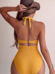 2026 New Fashion Halter Neck Hollow Out Vacation Women's One-Piece Swimsuit Beach Summer - Turmeric - View 2
