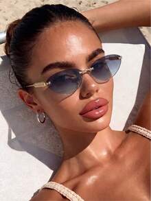 1pc Women's Rimless Edged Triangular Retro Cat Eye Small Frame Oceanic Lens, Rivet Metal Temples Hip-Hop Street Fashion Elegant Unisex Stylish Fashion Glasses, Suitable For Beach, Seaside, Vacation, Travel, Driving, Camping, Outdoor Activities - Multicolor - View 7
