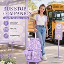 3pcs Girls Floral Print Woven Fabric Backpack Set With Handbag & Pen Pouch, Zipper Closure Sweet Rolling School Bag For Daily Learning - Pink - View 9