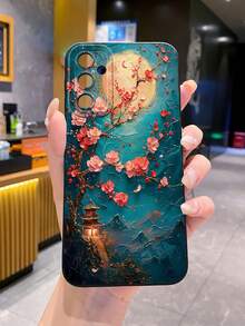 1 buah Lukisan Minyak Bunga Pink Bulan Casing Ponsel Anti Jatuh Cetak UV Kompatibel dengan Model /Galaxy/Android - Hitam - View 5