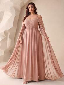Plus Size Off-Shoulder Neckline Ruched Bust Flutter Sleeve Chiffon Bridesmaid Dress - Baby Pink - View 1