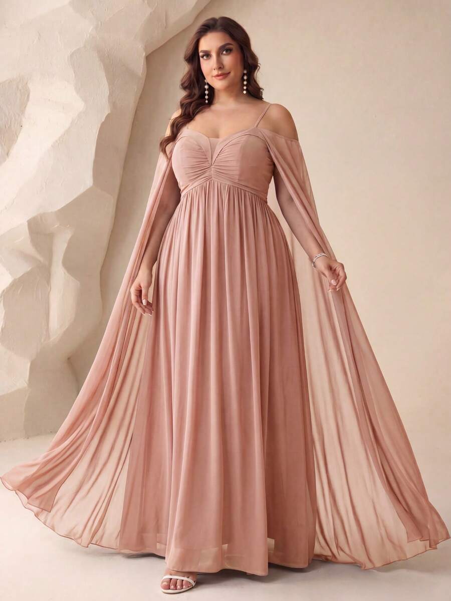 Plus Size Off-Shoulder Neckline Ruched Bust Flutter Sleeve Chiffon Bridesmaid Dress - Baby Pink - View 1