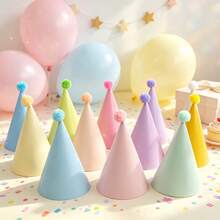 10/20pcs Macaron Color Birthday Party Hat Set, With Soft Plush Pom Pom, Adjustable Elastic Band, Birthday Party, Photo Shoot, Atmosphere Prop - View 3