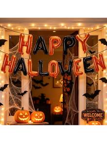 14pcs Happy Halloween Balloon Banner Set, Orange And Black Color Scheme, Suitable For Halloween, Trick Or Treat Party Decoration, Halloween Photo Booth Props, Halloween Party Decoration - Halloween - View 5
