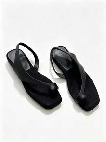 2026 Summer New Square Toe Flat Sandals For Women, French Style Minimalist Elegant INS Vacation Comfortable Flat Roman Sandals,Flip Flops - Black - View 2