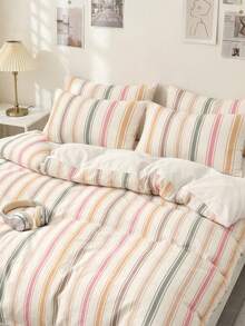 2/3 Piece Bedding Set, Home Textile, Minimalist Style, Pink & Green Striped, Comfortable & Breathable Bedding Set, Soft & Anti-Pilling, No Comforter Insert, Suitable For All Sizes Of Large And Small Beds, All Season, Indoor Decor - Multicolor - View 8