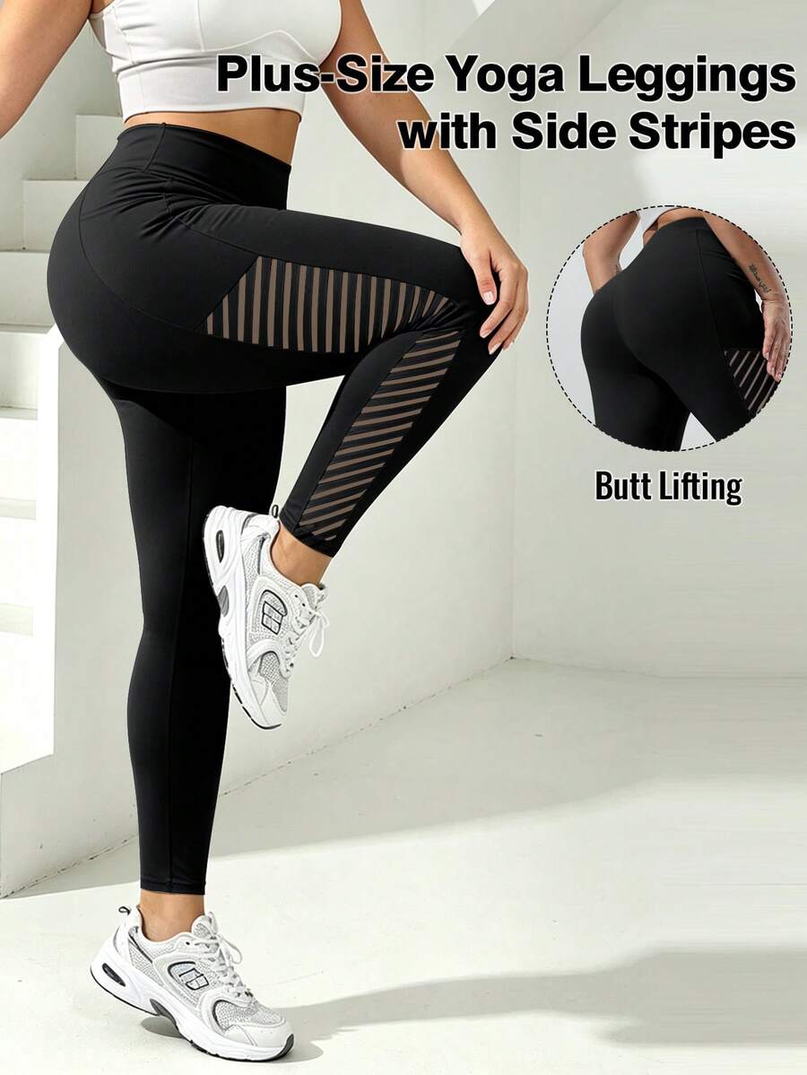Plus Size High Waist Tummy Control Compression Leggings, Diagonal Stripe Mesh Panel Butt Lifting Yoga Pants For Running Holiday Christmas Workout