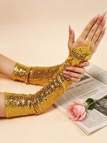1 Pair Lacquered Coated Fingerless Party Gloves With Long Sleeve, Glossy Finish - Black - View 9