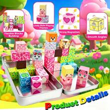 36/60pcs Pink Sweetheart Theme Magnetic Blocks With Iron Storage Box, Cute Pink House Pattern Stacking Bricks, Parent-Child STEM Educational Toy, Birthday Holiday Gift For Girls - Multicolor - View 11