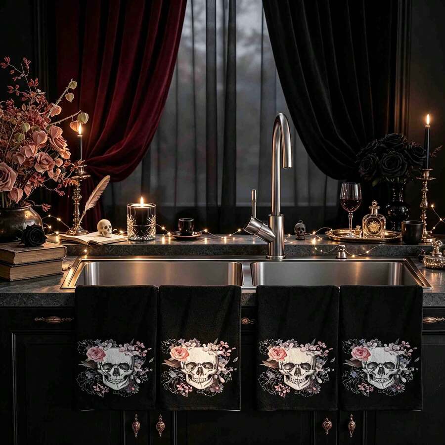 2/4/48pcs Halloween Series Floral Skull Pattern Printed Kitchen Towels - Super Soft, Highly Absorbent Polyester Dishcloths And Hand Towels, Perfect For Holiday Decor, Kitchen Decor, Party Decor.