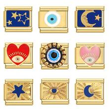 1pc Exquisite Design Fashion DIY Modular Kit, Hip-Hop Punk Style Painted Pattern Evil Eye - Moon & Stars Heart, Multiple Styles Detachable, Stainless Steel Bracelet Module, Fashionable & Versatile, Suitable For DIY Jewelry Making, Creative Design Jewelry Accessories, Suitable For Daily Wear, Surprise Gift For Men & Women - Gold Base - View 2