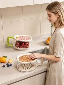 1pc Multi-Functional Colander, Kitchen Vegetable Basket With Lid And Handle, Fruit Washing Tool, Portable Fresh-Keeping Box, Retractable 2-In-1 Thickened Drainer And Vegetable Washing Box, Kitchen Essential, Halloween Christmas - One Size - View 3