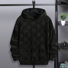 男士格紋抓絨連帽衛衣，保暖羊羔絨套頭衫，休閒戶外運動運動衫 - 黑色 - 查看 1