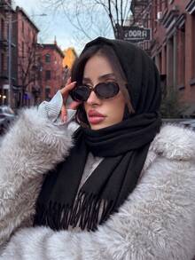 1PC Women's Simple Black Solid Color Regular Style Faux Cashmere Scarf, Autumn/Winter College Style Pashmina Shawl, Suitable For Seasonal Transition, Daily Wear, Windproof And Warm, New Year Gift - Black - View 1