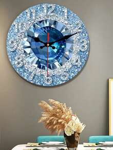 1pc 2D Flat Shiny Blue Crystal Silent Swiss Round Quartz Wooden Wall Clock, Design Pattern Style, Suitable For Decorating Bedroom, Living Room, Office, Kitchen And Coffee Shop, 10/12 Inch (AA Battery Not Included), Perfect Christmas Gift - Multicolor - View 4