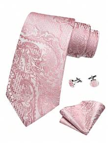 Set Dasi Pria 3 Potong Lebar 3,15 Inci Motif Bunga Paisley Merah Karat - Sapu Tangan Saku + Manset, Berbagai Warna, Hadiah Formal untuk Pernikahan, Pengantin Pria, atau Bisnis - Rusty Rose - View 2
