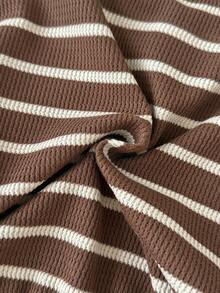 2Pcs/Set Baby Girls Brown & White Striped Waffle Long Sleeve Set, Loose Pocket Top & Cuffed Pants Casual Two Pieces Outfit - Brown - View 11
