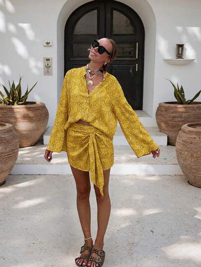 Completo estivo casual da donna stile bohémien elegante 2 pezzi, top con colletto camicia e gonna con cintura in vita, tessuto leggero, outfit estivo, abbigliamento da esterno giallo