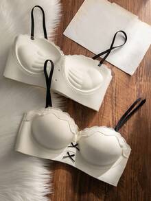 1pc Lace Push-Up Bra, Colorblock Backless Seamless Wire-Free Bra With Lift Support And Thick Cups, Bow Detail, Sweet Style For Women And Girls, Suitable For Small Chests [Flat Chest Special] - Champagne - View 7