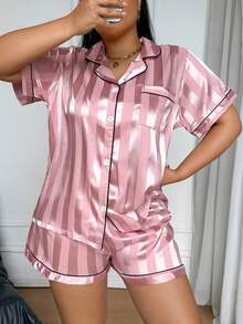 2pcs Plus Size Satin Striped Short Sleeve Lapel Top And Bow Shorts Women's Pajama Set Loungewear - Pink - View 1