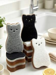 1/4pcs/Set Cat-Shaped Kitchen Sponge Cleaning Set, Cute Kitten Dishwashing Sponge, Double-Sided Non-Scratch Cleaning Sponge, Thickened Dishwashing Cleaning Tool, Suitable For Bowls, Pots And Kitchenware, Perfect For Kitchen And Bathroom Cleaning - Multicolor - View 1