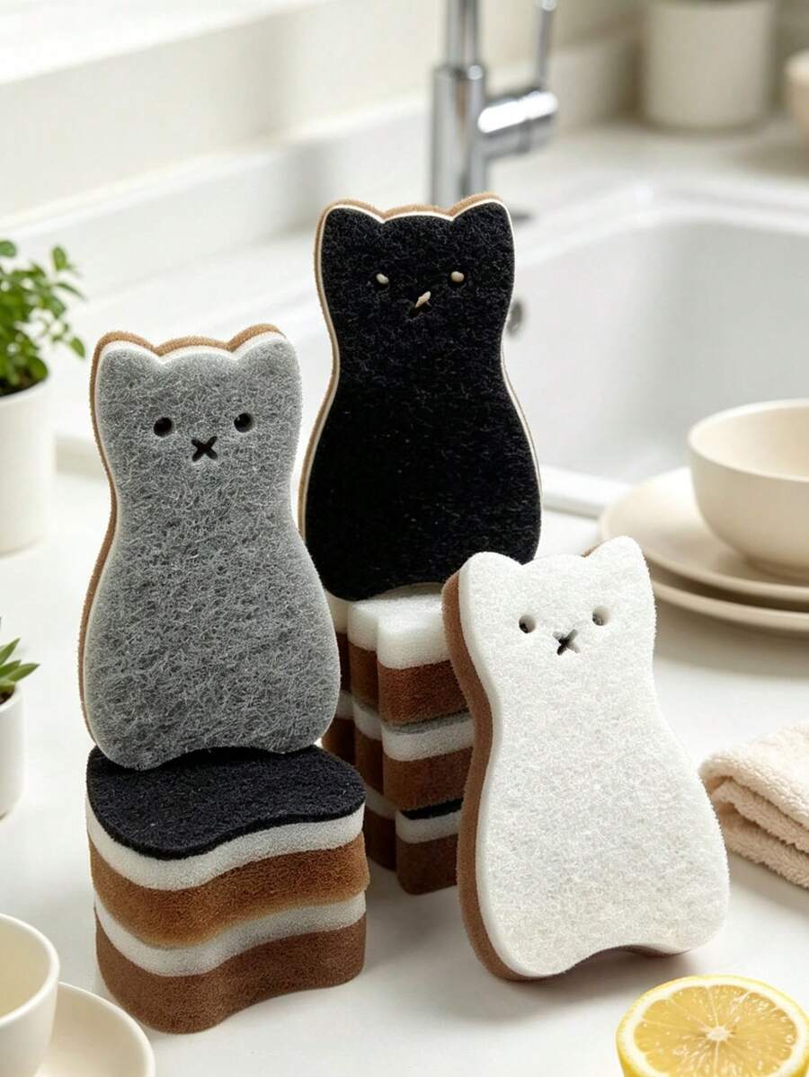 1/4pcs/Set Cat-Shaped Kitchen Sponge Cleaning Set, Cute Kitten Dishwashing Sponge, Double-Sided Non-Scratch Cleaning Sponge, Thickened Dishwashing Cleaning Tool, Suitable For Bowls, Pots And Kitchenware, Perfect For Kitchen And Bathroom Cleaning - Multicolor - View 1
