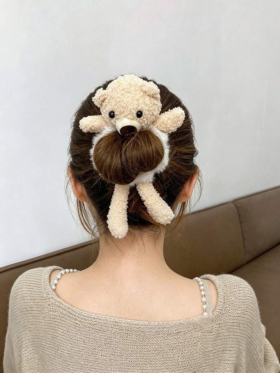 1pc Cute Bear Head Hair Tie, Plush Hair Scrunchie For Girls, Versatile Hair Accessory For Autumn/Winter, Suitable For Daily Use - White - View 1